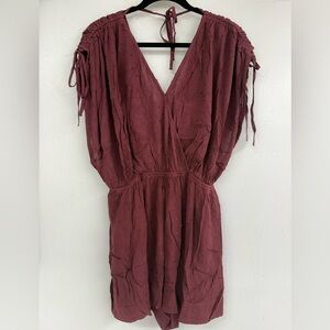 Easel Burgundy Romper with Pockets & Tie Sleeves